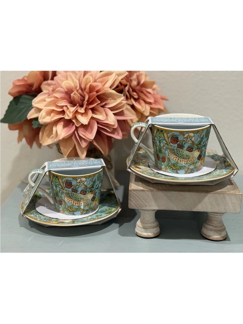 William Morris Strawberry Thief Cup Saucer Leonardo Fine China Tea Set of 2